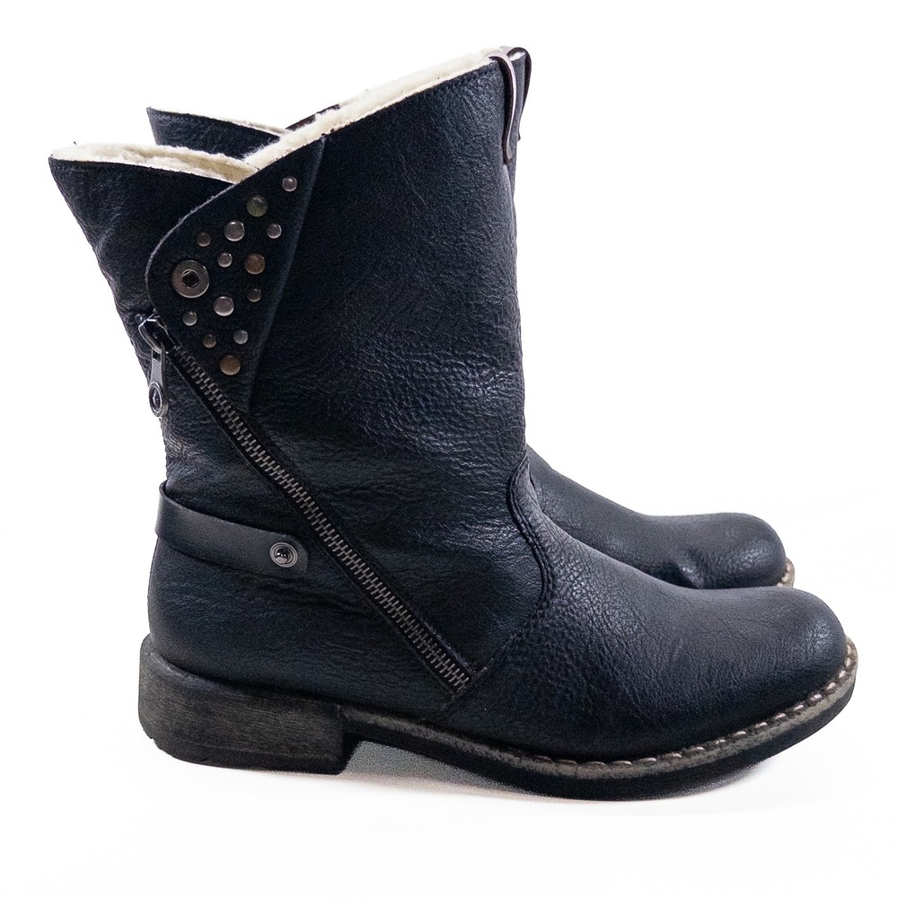 Rieker Womens Boots 40 8.5 Black Faux Leather Wool Lined Moto Studded Side Zip